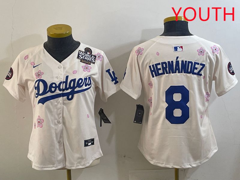Youth Los Angeles Dodgers #8 Hernandez Cream Sakura Edition 2025 Nike MLB Jersey style 2->youth mlb jersey->Youth Jersey